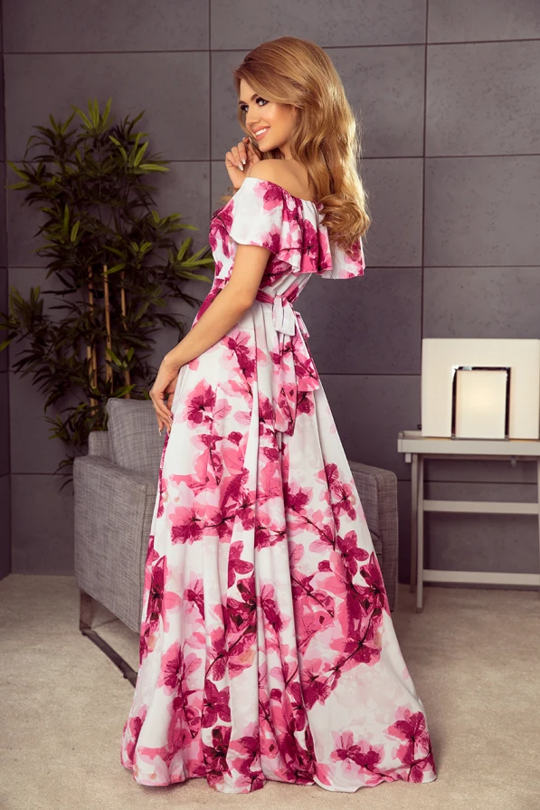 194-2 Langes Kleid mit Rüschen - große rosa Blumen