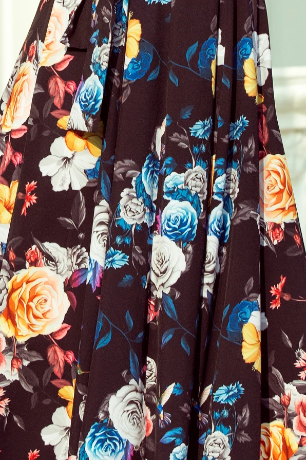 194-3 Langes Kleid mit Rüschen - schwarz + bunte Blumen