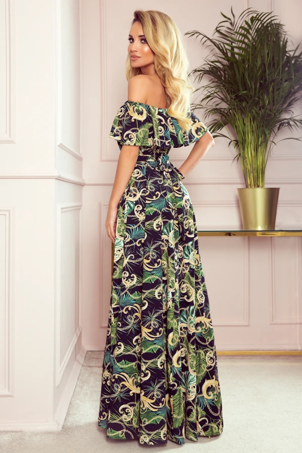 194-4 Langes Kleid mit Rüschen - grüne Blätter und Goldketten