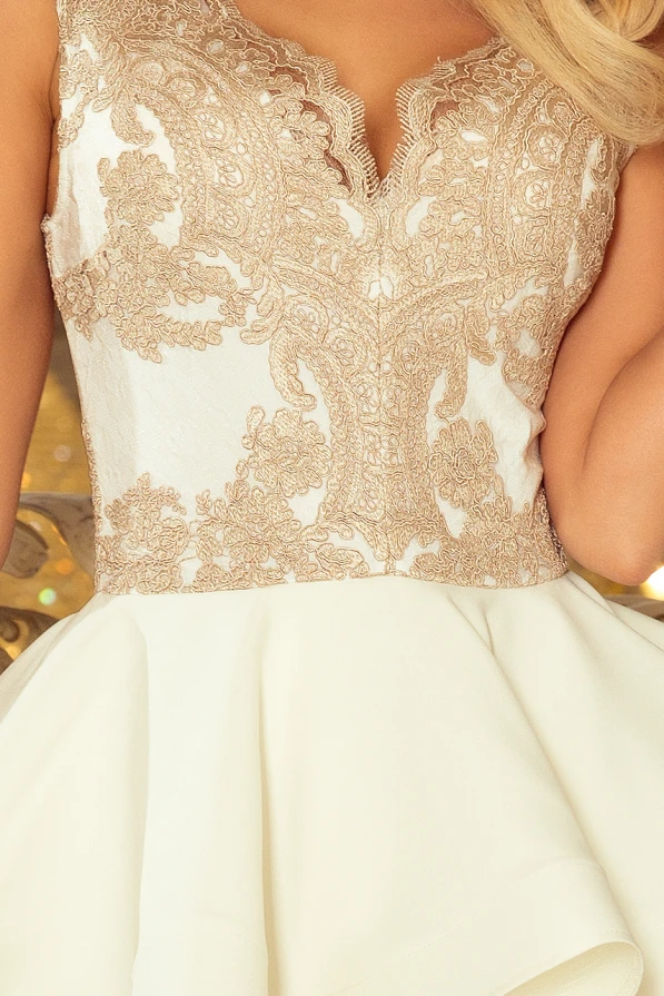 200-1 CHARLOTTE - Exklusives Kleid mit Spitzen-Ausschnitt - gold / beige + ecru