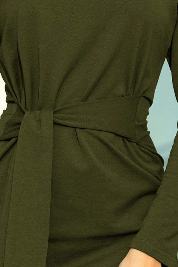 209-5 Kleid mit einem breiten, gebundenen Gürtel - KHAKI