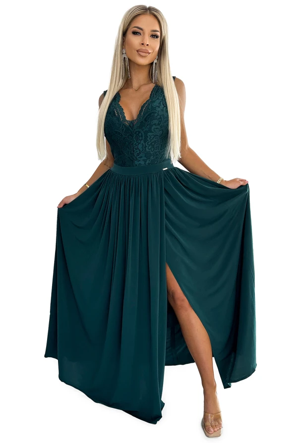211-6 LEA langes Kleid mit Spitzen-Ausschnitt - Grün