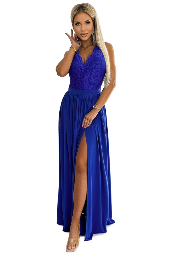 211-7 LEA langes Kleid mit Spitzen-Ausschnitt - blau