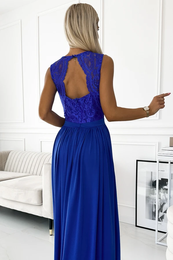 211-7 LEA langes Kleid mit Spitzen-Ausschnitt - blau