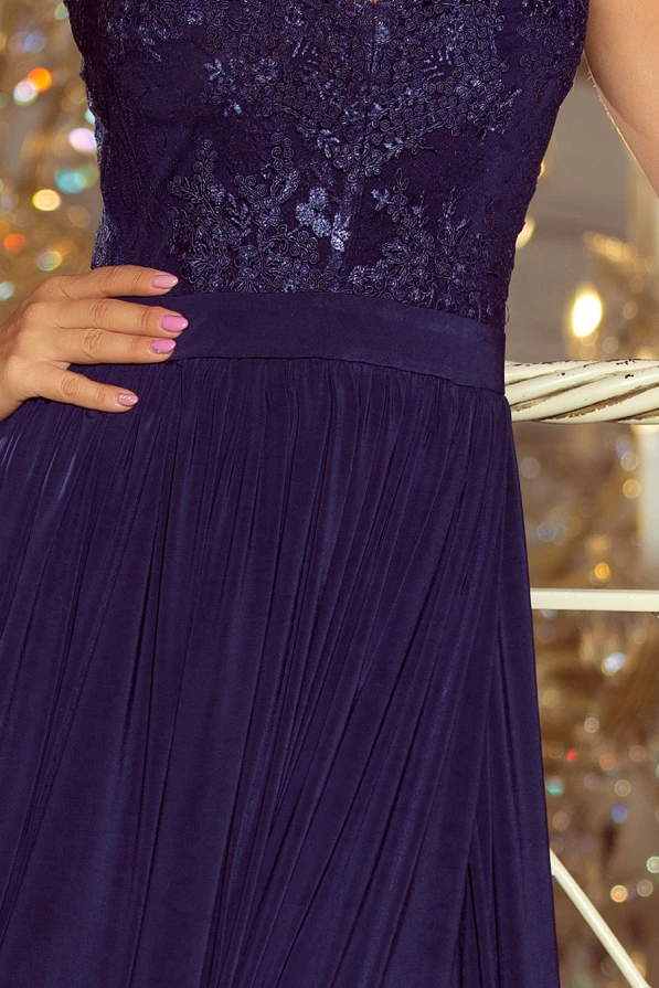 215-2 LEA langes ärmelloses Kleid mit aufgesticktem Dekolleté - dunkelblau