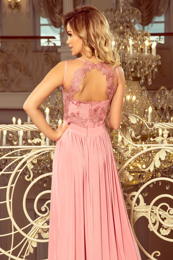 215-3 LEA langes ärmelloses Kleid mit aufgesticktem Dekolleté - rosa