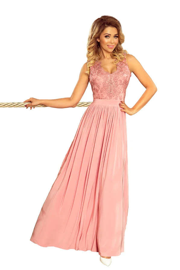 215-3 LEA langes ärmelloses Kleid mit aufgesticktem Dekolleté - rosa
