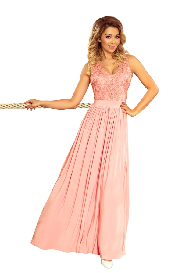215-4 LEA langes ärmelloses Kleid mit aufgesticktem Dekolleté - rosa