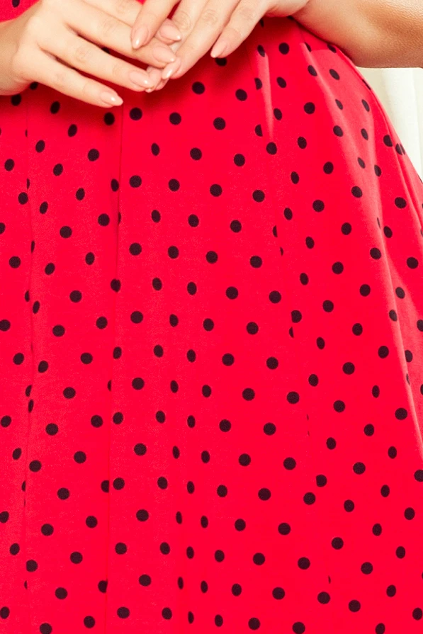 238-1 BETTY Kleid mit einem Ausschnitt - Rot + Tupfen