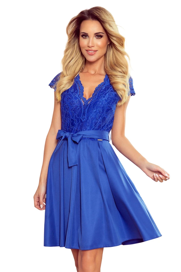 242-3 ANNA Kleid mit Ausschnitt und Spitze - Königsblau