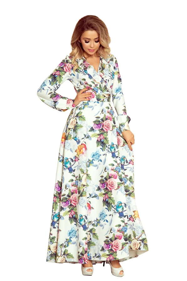 245-1 Langes Kleid mit Rüschen und Dekolleté - bunte Rosen und blaue Vögel