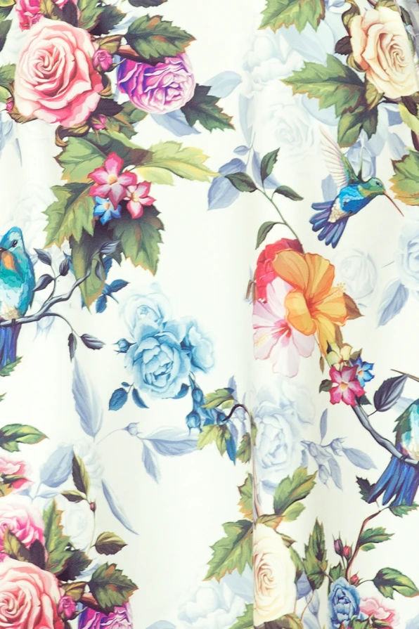 245-1 Langes Kleid mit Rüschen und Dekolleté - bunte Rosen und blaue Vögel