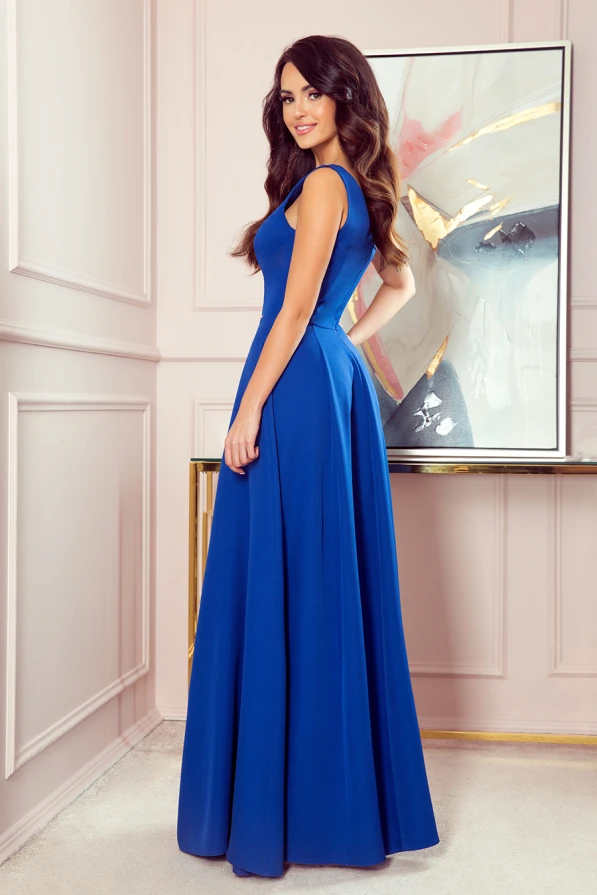 246-3 CINDY langes Kleid mit einem Ausschnitt - Blau