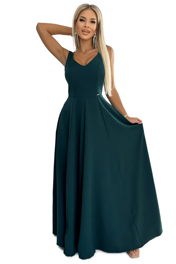 246-5 CINDY langes elegantes Kleid mit Ausschnitt - grün