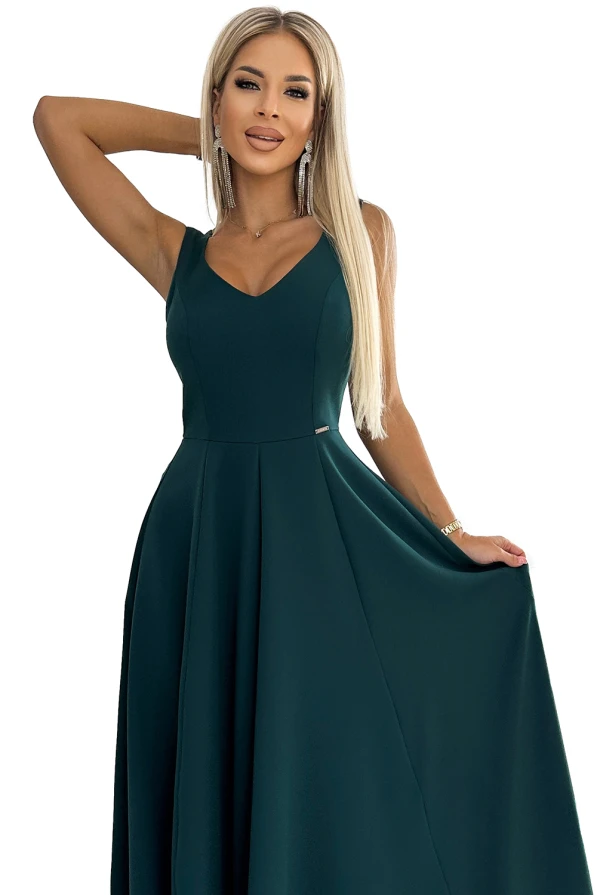 246-5 CINDY langes elegantes Kleid mit Ausschnitt - grün