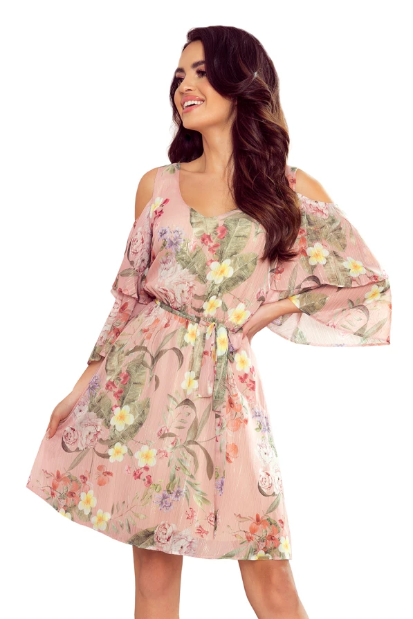 292-1 MARINA Kleid mit Ausschnitt - rosa mit Blumen