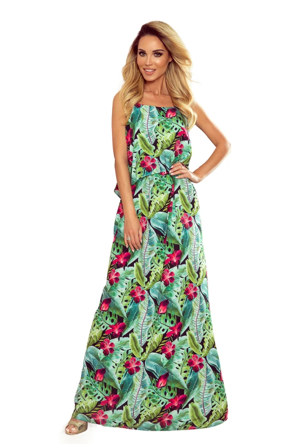 294-2 Ein langes Sommerkleid mit Trägern - grüne Blätter und rosa Blüten