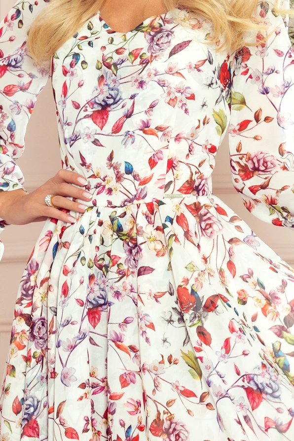 305-1 ZOE Kleid mit Ausschnitt - bunte Blumen auf einem hellen Hintergrund