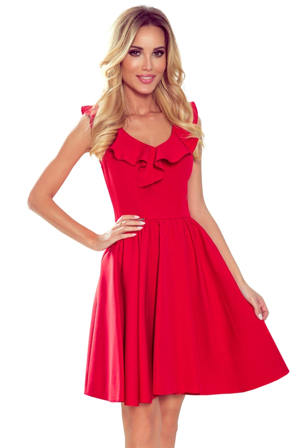 307-1 POLA Kleid mit Rüschen am Ausschnitt - rot