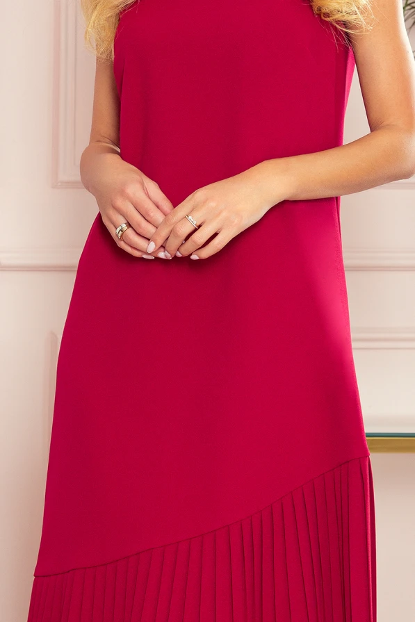 308-2 KARINE - trapezförmiges Kleid mit asymmetrischer Falte - rot