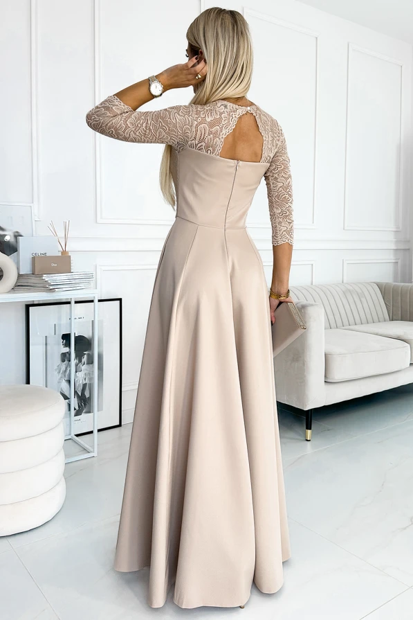 309-10 AMBER Spitze, elegantes langes Kleid mit Ausschnitt und Beinschlitz - Beige