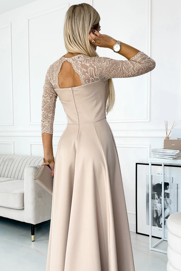 309-10 AMBER Spitze, elegantes langes Kleid mit Ausschnitt und Beinschlitz - Beige