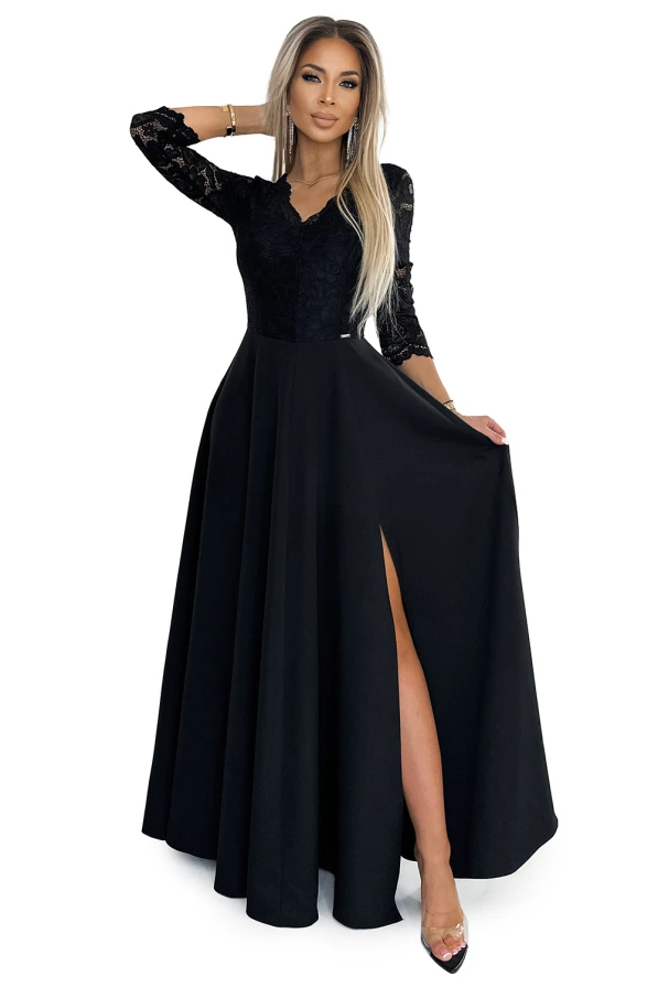 309-11 AMBER Spitze, elegantes langes Kleid mit Ausschnitt und Beinschlitz - Schwarz
