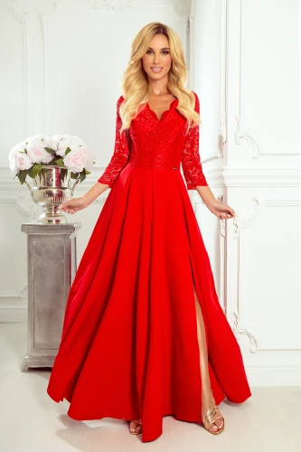 309-3 AMBER elegantes langes Spitzenkleid mit Ausschnitt - Rote Farbe