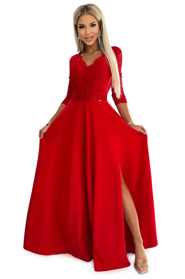 309-8 AMBER Spitze, elegantes langes Kleid mit Ausschnitt und Beinschlitz – rot