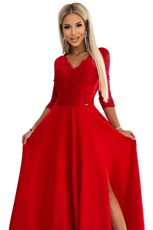 309-8 AMBER Spitze, elegantes langes Kleid mit Ausschnitt und Beinschlitz – rot