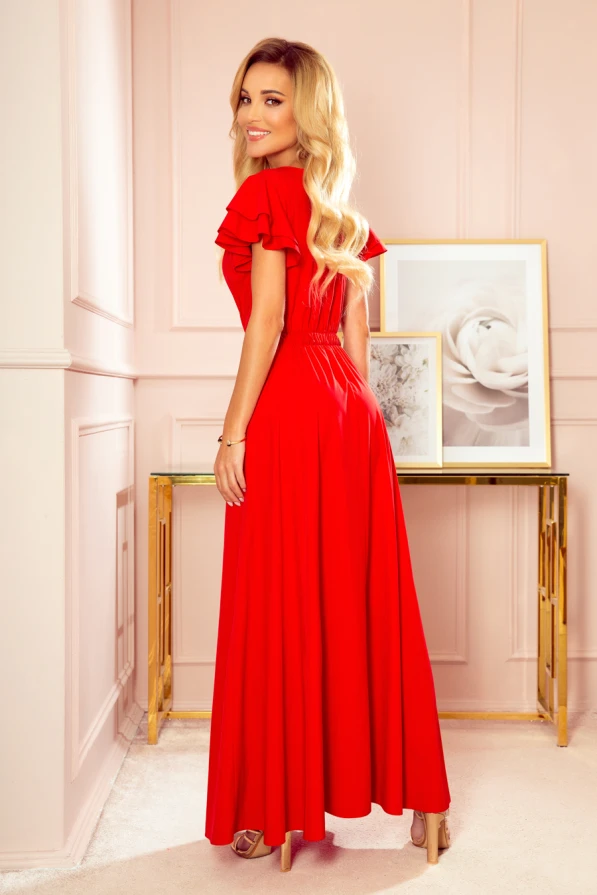 310-2 LIDIA langes Kleid mit Ausschnitt und Rüschen - rot