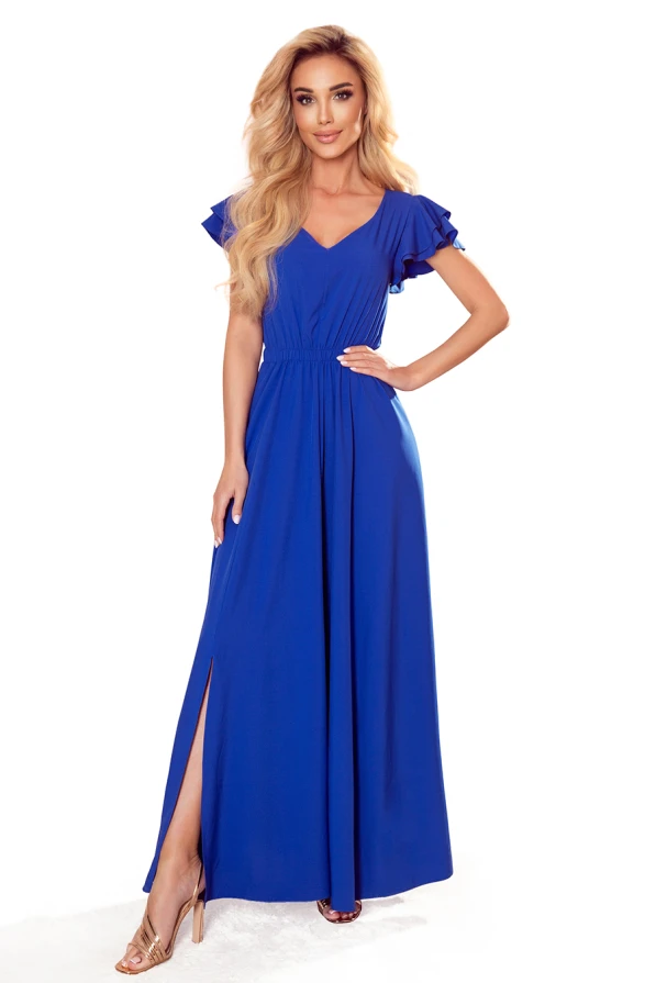 310-3 LIDIA langes Kleid mit Ausschnitt und Rüschen - Blau