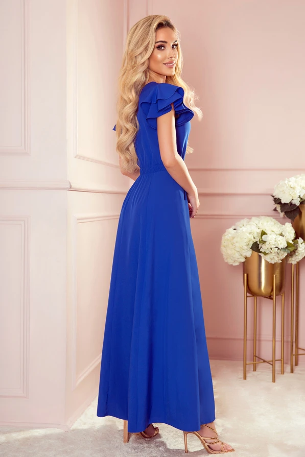 310-3 LIDIA langes Kleid mit Ausschnitt und Rüschen - Blau