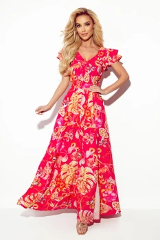 310-4 LIDIA langes Kleid mit Ausschnitt und Rüschen - rosa mit Blumen