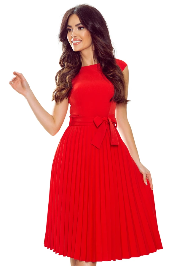 311-1 LILA Plissee-Kleid mit kurzen Ärmeln - rot