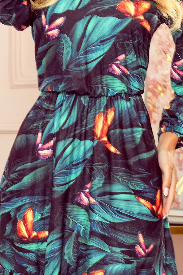 320-1 CORA Kleid mit Ausschnitt und Rüschen - bunte SCHMETTERLINGE