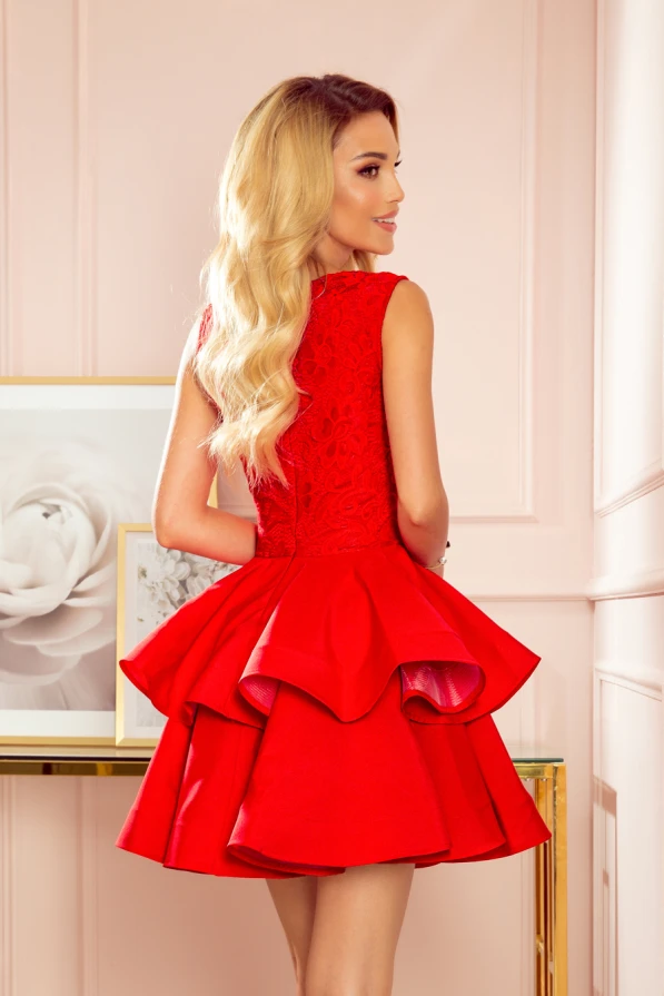 321-1 Exklusives Kleid mit Spitzen-Ausschnitt - rot