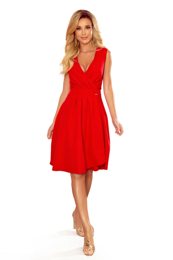 338-1 ELLENA elegantes Kleid mit Ausschnitt und Falten - rot