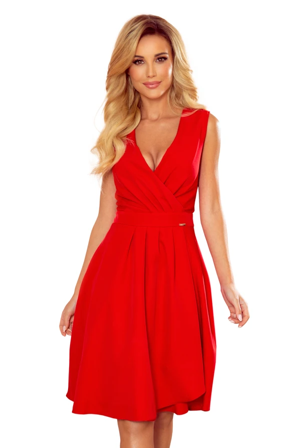 338-1 ELLENA elegantes Kleid mit Ausschnitt und Falten - rot