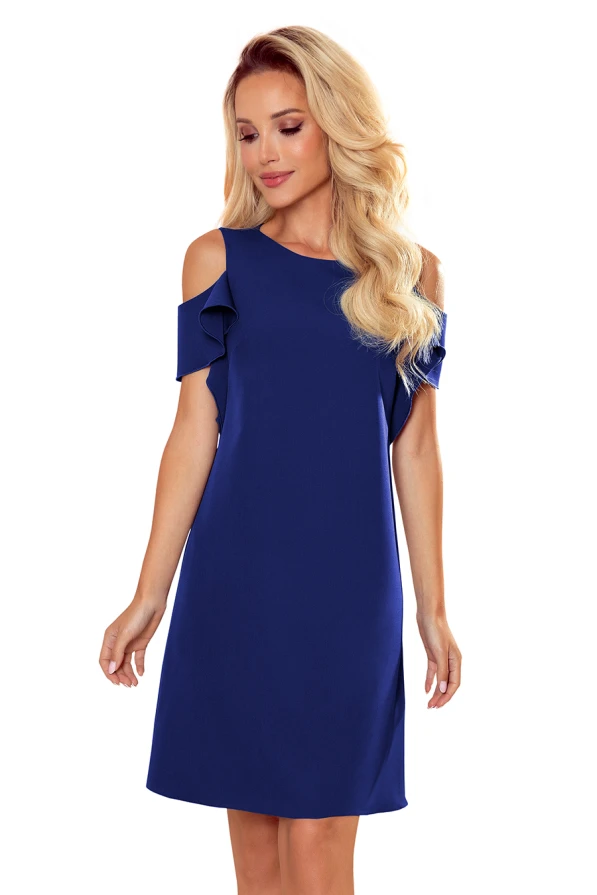 359-3 Ein trapezförmiges Kleid mit Rüschen an den Schultern - blau