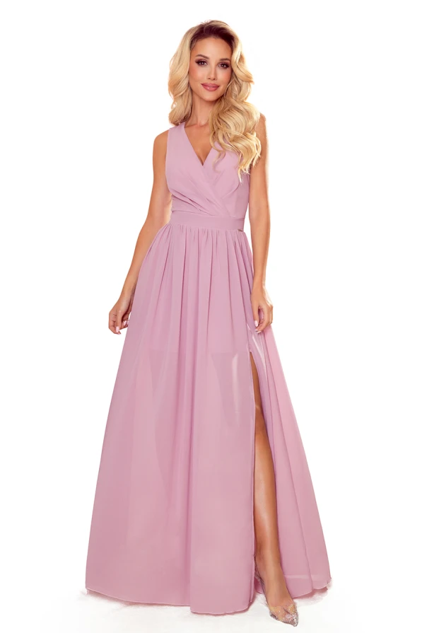 362-3 JUSTINE Langes Kleid mit Ausschnitt und Krawatte - schmutziges rosa