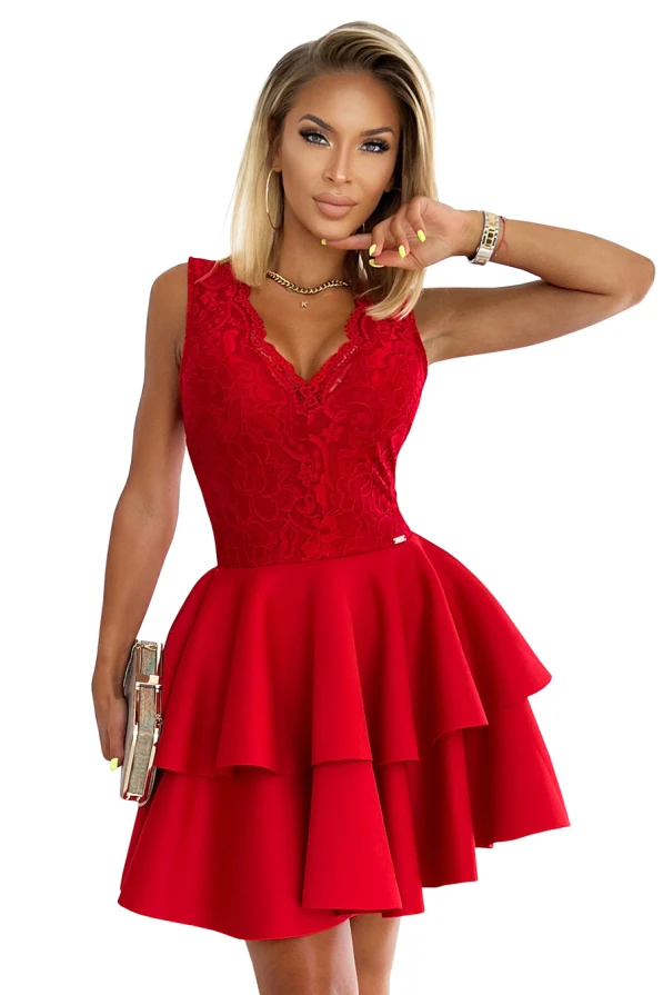 368-3 ZLATA Kleid mit Spitzenausschnitt und Schaum - Rot