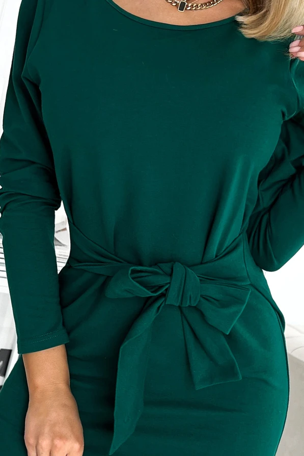 394-1 Kleid mit langen Ärmeln und Bindeband in der Taille - grün