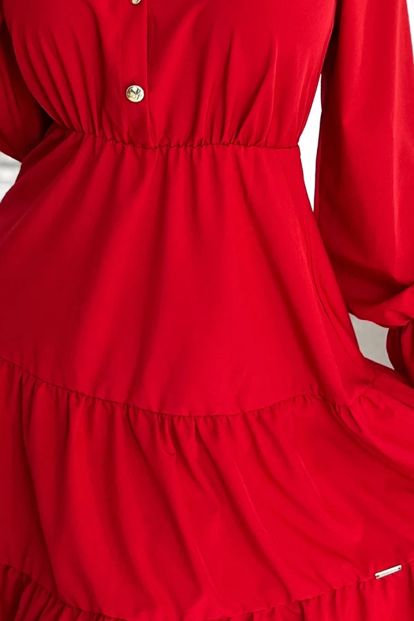 395-1 Kleid mit Ausschnitt und goldenen Knöpfen - rot