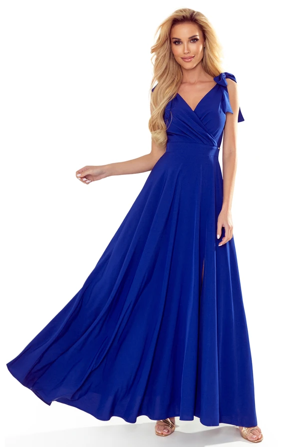 405-2 ELENA Langes Kleid mit Ausschnitt und Bändern an den Schultern - blau