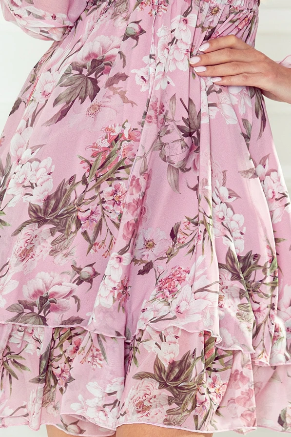 410-1 MONICA Chiffonkleid mit gebundenem Ausschnitt - Dirty Pink + Blumen