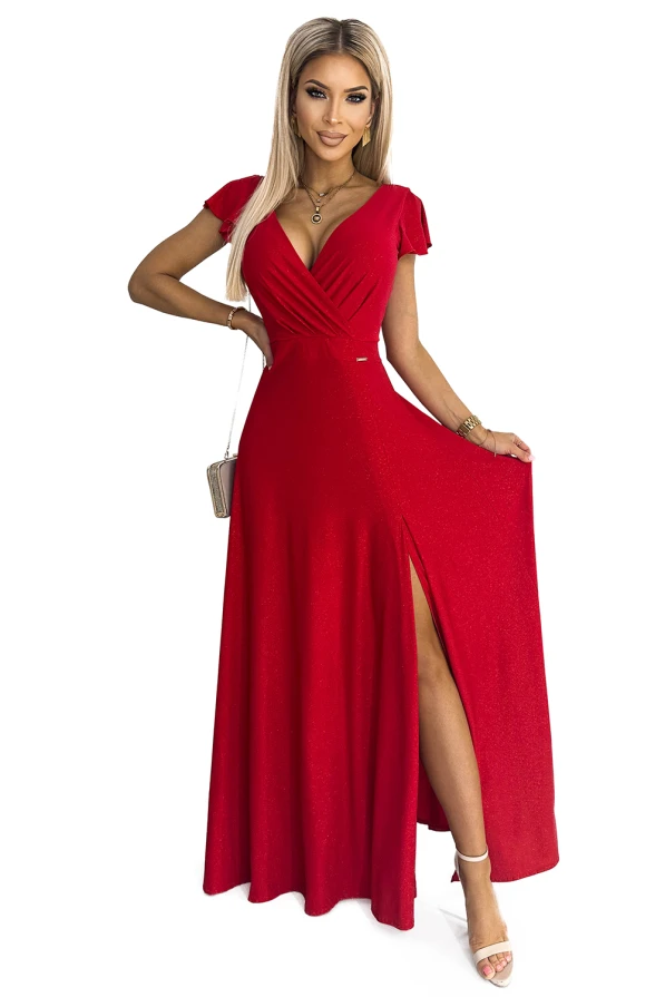 411-2 CRYSTAL schimmerndes langes Kleid mit Ausschnitt - rot