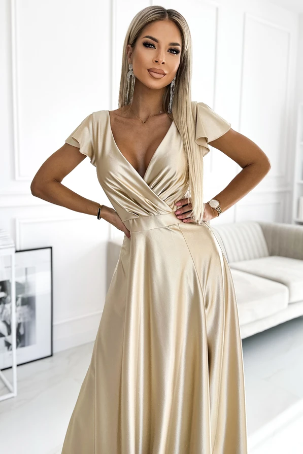 411-7 CRYSTAL Langes Kleid aus Satin mit Ausschnitt - Gold