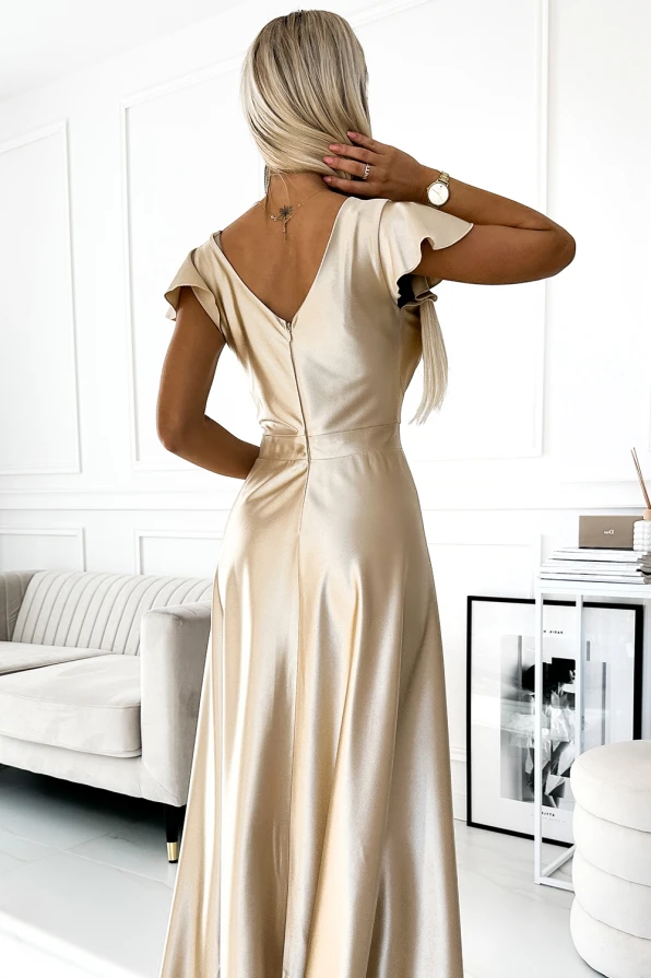 411-7 CRYSTAL Langes Kleid aus Satin mit Ausschnitt - Gold