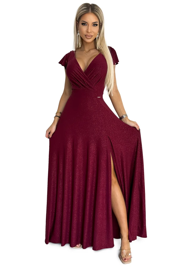 411-8 CRYSTAL schimmerndes langes Kleid mit Ausschnitt - weinrote Farbe